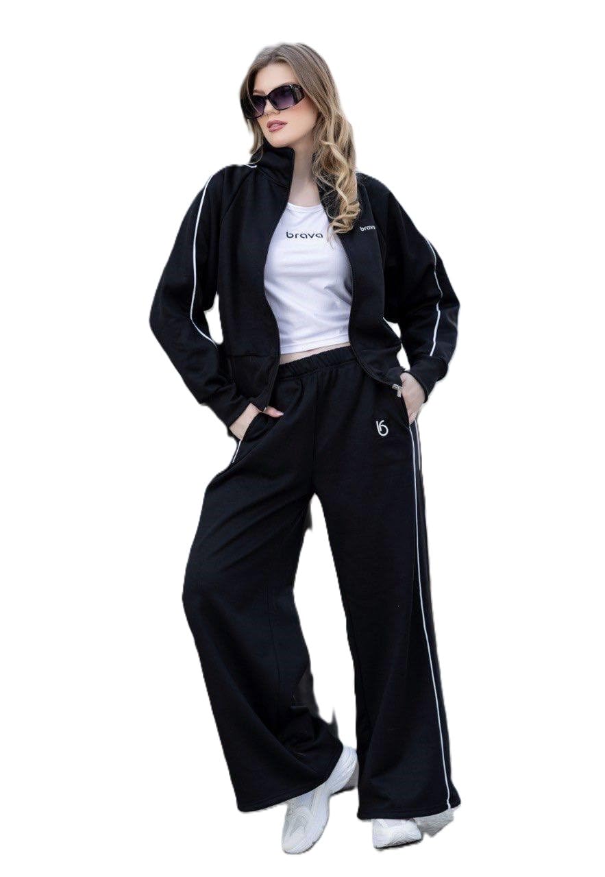 Tring Women's Shtuy, Zip Up Jacket with Wide Pants, Soft Cotton, Black