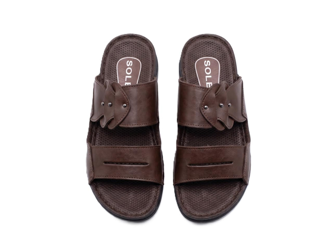 Qian KYAN 111 "Elegance Care" Slipper - Men's Flip Flops 100% Genuine Leather Medical Toe - Comfortable Flexible PU Sole for Foot and Back - [Black/Brown]