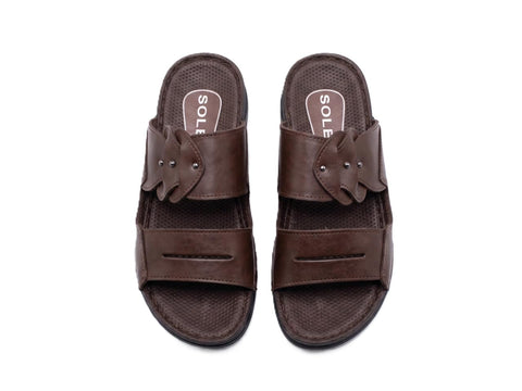 Qian KYAN 111 "Elegance Care" Slipper - Men's Flip Flops 100% Genuine Leather Medical Toe - Comfortable Flexible PU Sole for Foot and Back - [Black/Brown]