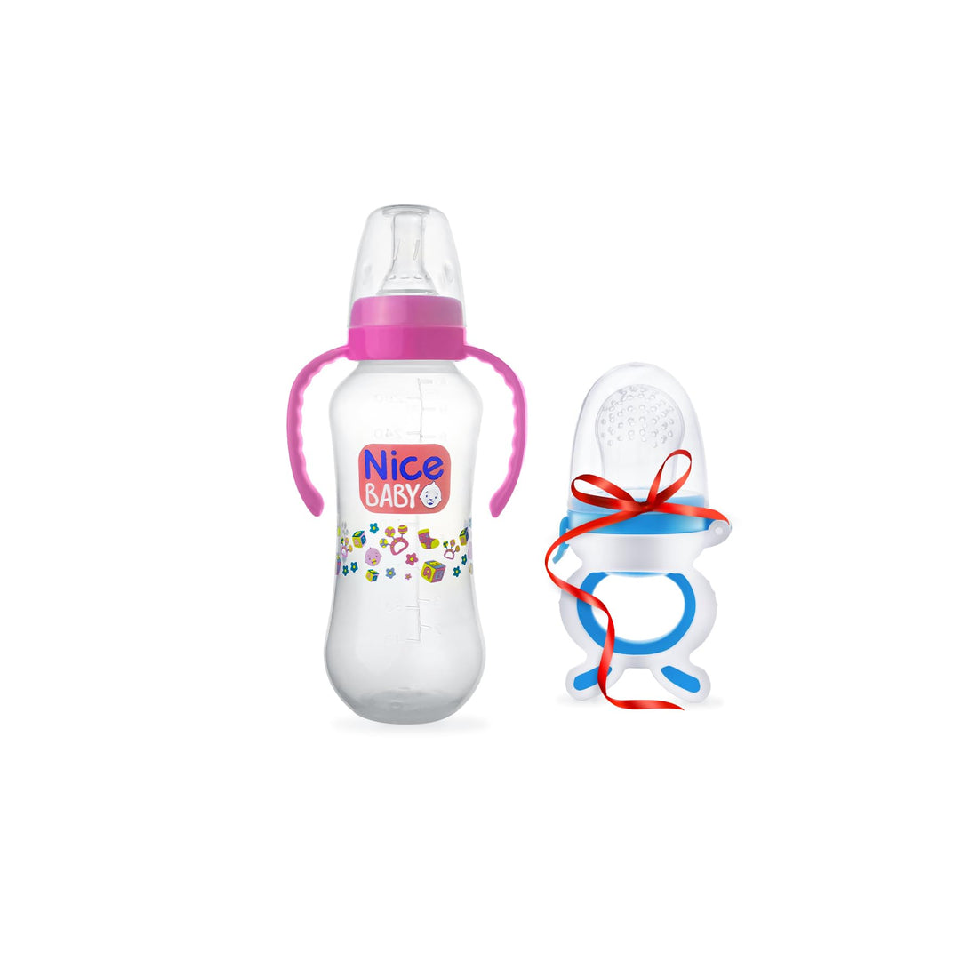 Nice Baby Bundle Baby Bottle with hand 280 ml Rose & Fruits teether Blue Gift 2 Piece