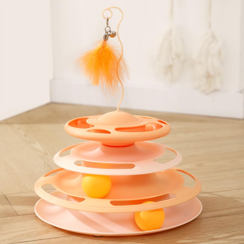 Interactive Cat Toy 3 Tier Tower Ball Track with Food Dispenser Puzzle Slow Feeder Anti Slip Base Feather Teaser Easy Clean Activity Toy for Adult Cats and Kittens (Orange)