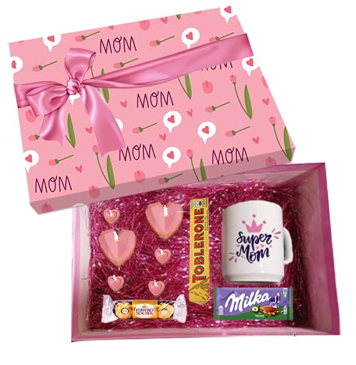 Mother's Day Gift Box Set with Super Mom Mug, Toblerone, Milka Chocolate, Heart Decorations, Pink Theme, 6 Pieces