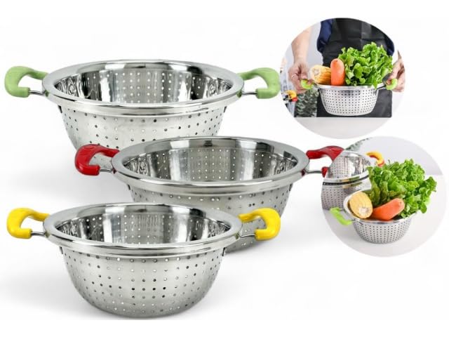 Volora Stainless Steel Colander Colander Set of 3, Colorful Handles for Vegetables and Fruits