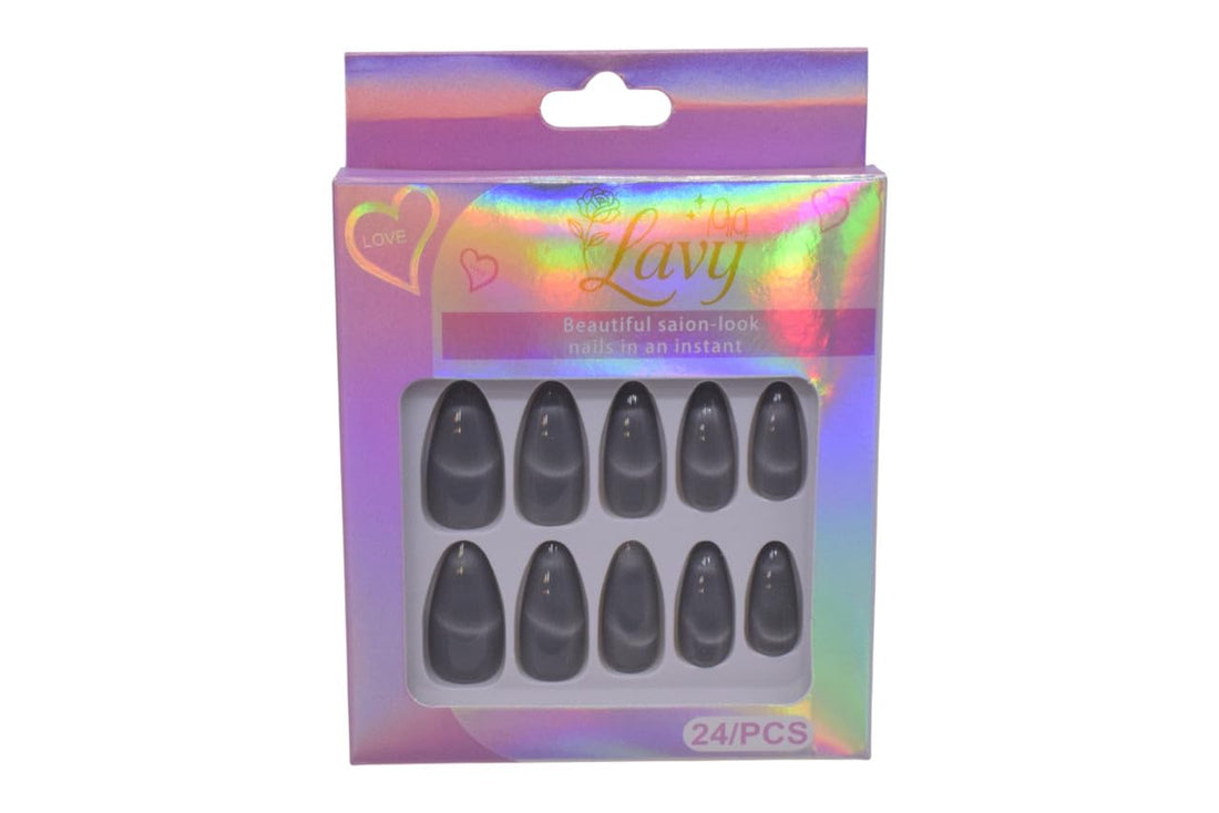 Lavy Press-On Mink Almond Nails Set, 24 Pieces - Grey