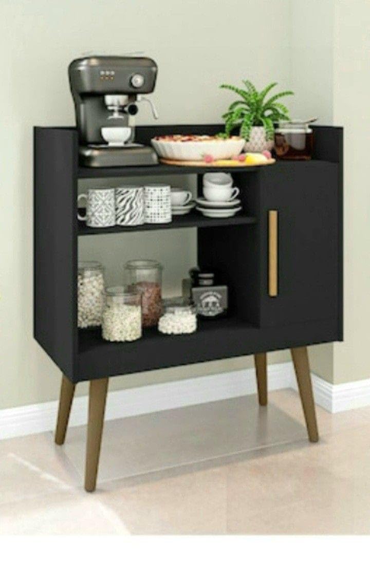 Modern Style Coffee Corner Black Faux Wood with Wooden Legs Open Shelves and Storage Door for Kitchen Office