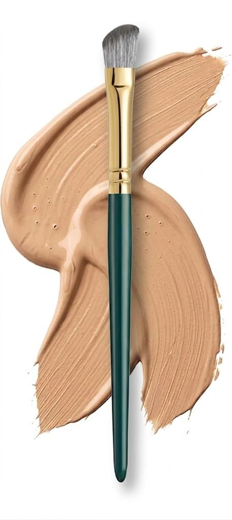 PROFESSIONAL ANGLED contour and concelear BRUSH, CRUELTY-FREE SYNTHETIC HAIR FACE BRUSH FOR FLAWLESS MAKEUP APPLICATION WITH NATURAL BIRCH WOODEN HANDLE-green