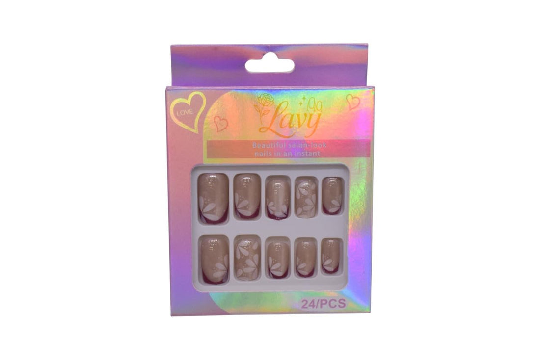 Lavy French Tip with Floral Design Press-On Mink Nails 24-Piece Set - Nude Burgundy