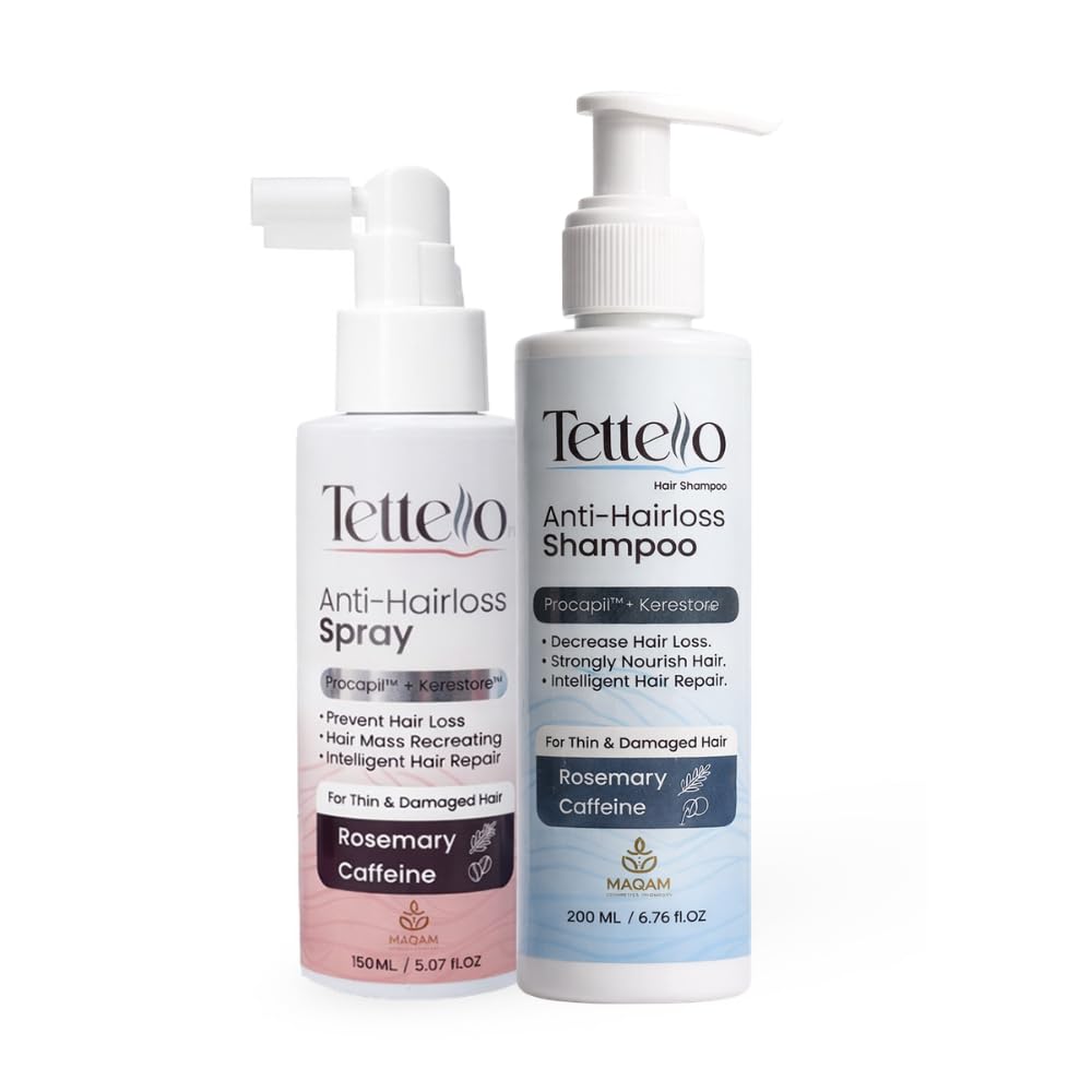 Tettello Anti-Hairloss Set, Rosemary Caffeine Shampoo 200ml and Spray 150ml, for Thin and Damaged Hair