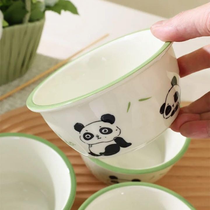 Panda Porcelain Plate Set, Set of 6, White and Green with Elegant Gift Box, Decorative Ceramic Panda and Bamboo