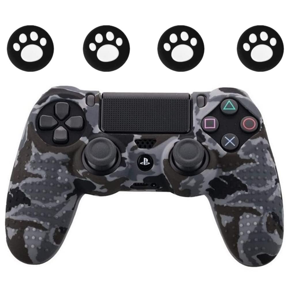 eWINNER 1pack Flexible Silicone Protective Case Skin Cover & 4pack Joystick Thumb Stick Caps Compatible with Sony Playstation 4 dualshock Ps4 Controllers (Case*1+Thumb Grips*4, Grey Camo)