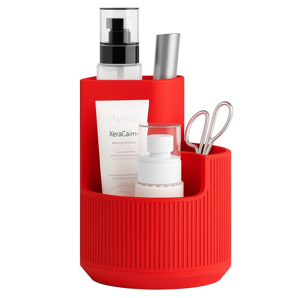 Multi-Purpose Bathroom & Makeup Organizer, Countertop Toothbrush and Cosmetic Holder, Black, High-Quality Plastic (coral red)