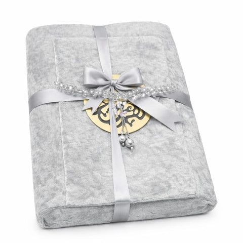 Quran with Chapel and Rosary - Luxury Gift Set with Velvet Cover (Light Grey)