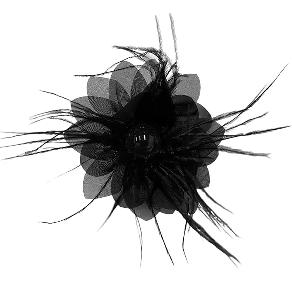 Lady Fascinator Feather Flower Brooch for Women Elegant Shell Pearl Mesh Blossom Hair Clip Wedding Corsage Lapel Pin Bridal Hairband Derby Hat Cocktail Party Costume Accessories (Black)