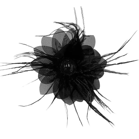 Lady Fascinator Feather Flower Brooch for Women Elegant Shell Pearl Mesh Blossom Hair Clip Wedding Corsage Lapel Pin Bridal Hairband Derby Hat Cocktail Party Costume Accessories (Black)