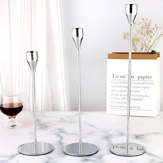 3 Piece Candle Holders Set - Modern metal set of 3 pieces perfect for table arrangements and home ambiance with a modern touch to home decor Candle Holders Set (سيلفر)