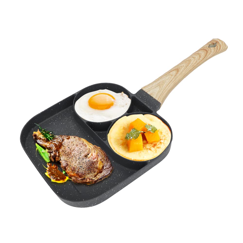 3-Hole Fried Egg Pan, 3-in-1 Breakfast Pan, Omelette Pan with Non-Stick Coating, Split Frying Pan, Aluminium Egg Cooking Pan for Eggs, Bacon, Omelette, Burger, Pancake, Universal