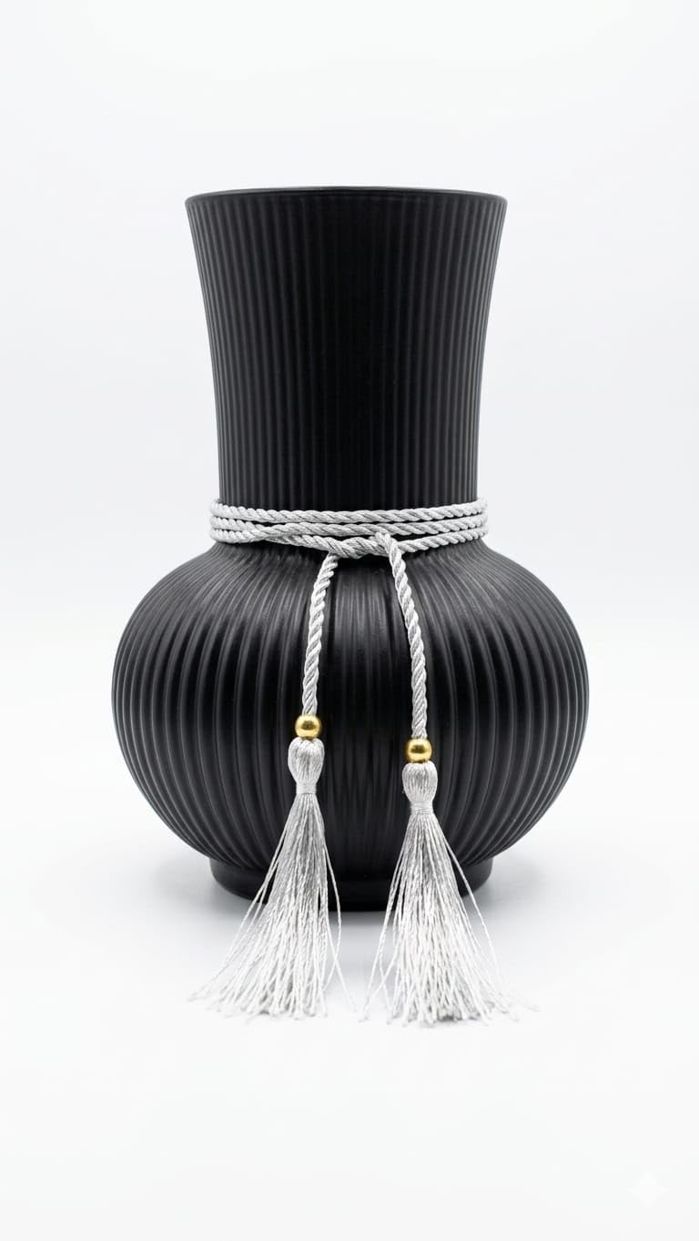 Volora Rib Vase with Rope and Gold Tassels, Elegant Modern Design for Floral Arrangements and Home Decor (Black)