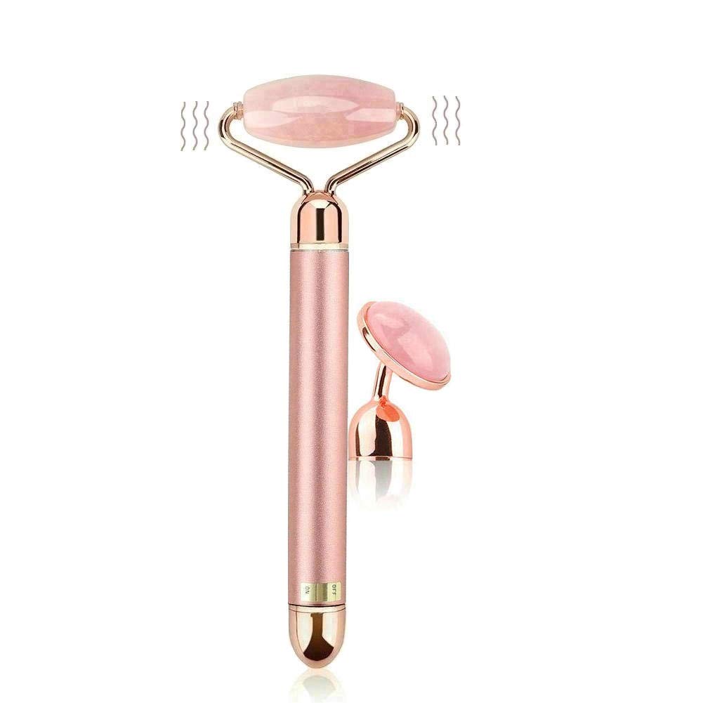 2 In 1 Electric Jade Roller Facial Massager Natural Rose Quartz Beauty Bar Wheel Set Arm Eye Nose Massage Stone Can Pull Anti-aging Anti-wrinkle Firming