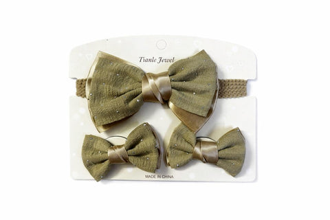 Kids Bow Set 3 Pieces (Headband + 2 Clips) – Stylish and Soft Design, Comfortable Hair Accessories with Good Hold, Suitable for Daily Use and Occasions (Olive)