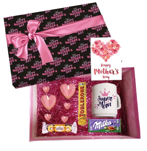 Happy Mother's Day Gift Box with Super Mom Mug, Heart Chocolates, Toblerone, Ferrero Rocher, and Milka