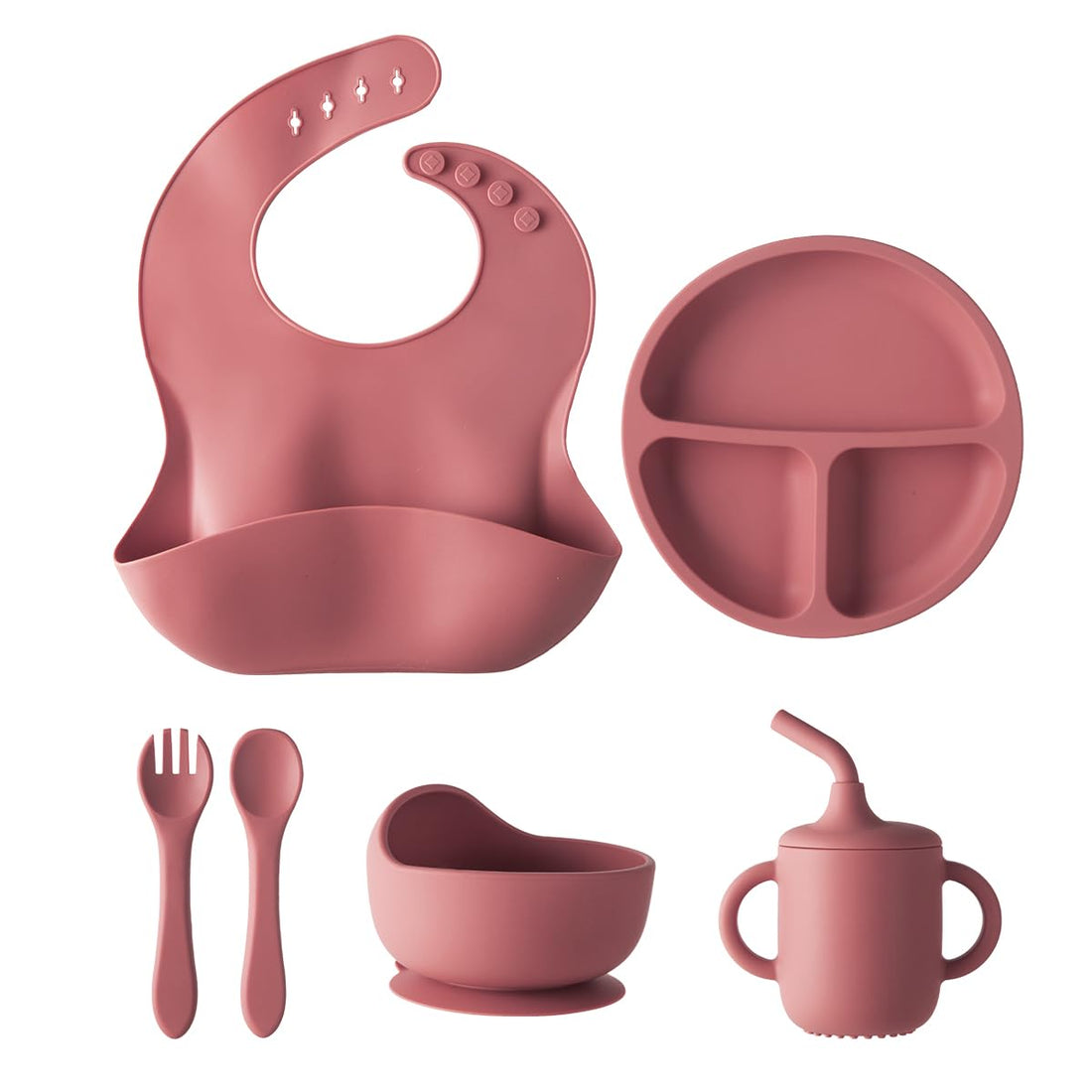 6-Piece Baby Feeding Set, Silicone Baby Mealtime Kit for Food-Grade Strong Suction Baby Plate+Baby Cup+ Bib+Fork+Spoon+Bowl, Toddler Eating Essentials Washable Parenting Gift Idea (Burgundy)