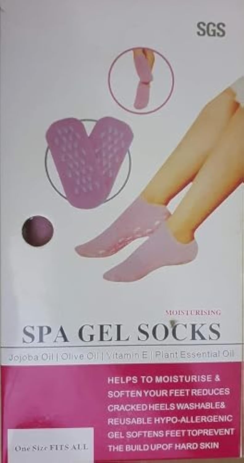 Moisturizing Gel Silicone Socks provide skin care for feet to treat cracked heels and maintain soft skin during spa treatments at home. Pink.