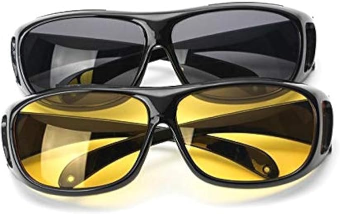 Glasses Night Driving HD Day – 2 Pack Polarized Wrap Around Sunglasses for Men & Women – Anti-Glare UV Protection Eyewear for Driving, Black & Yellow Lenses, Unisex Vision Goggles