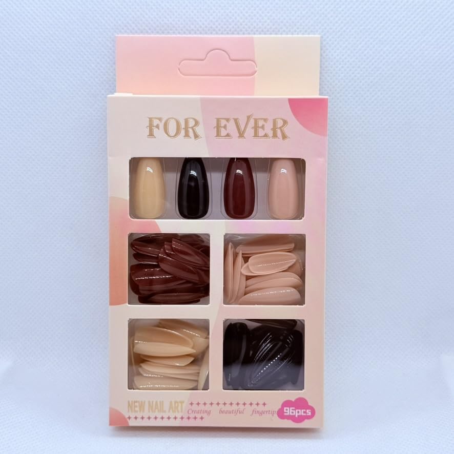 96 Pcs Press on nails False nails Almond Shape Fake Nails Oval Shape False Nails Artificial Fingernails for Women Girls (Grey Brown Beige)