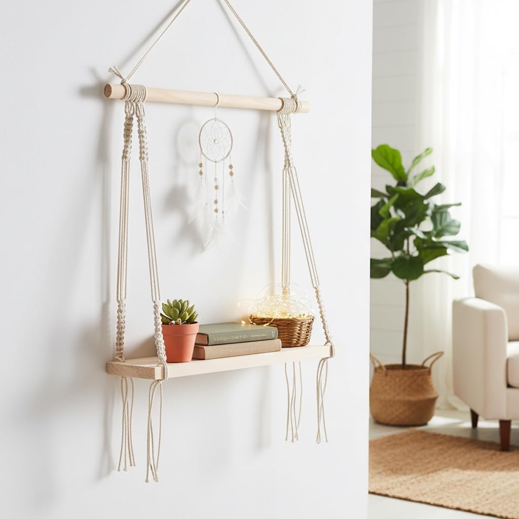 Macramé Wall Hanging Shelf Pine Wood Floating Shelve with Wooden Dowel Modern Chic Woven Décor for Dorm Living Room Nursery Beige 55 x 43cm
