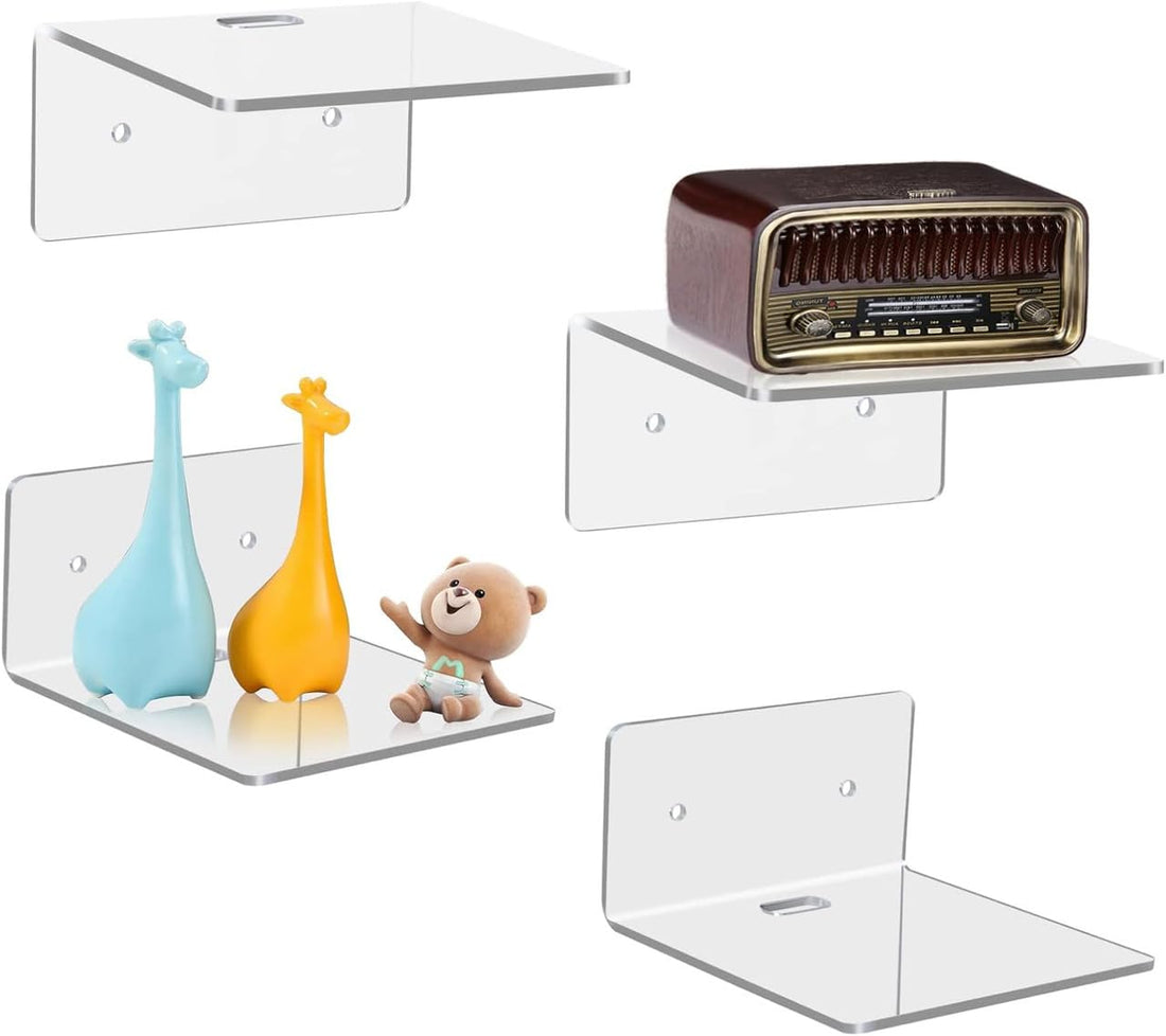 Best Media 4 Pack Small Acrylic Floating Shelves, Wall Display Ledges for Storage and Decoration, Adhesive or Screw Installation, Clear