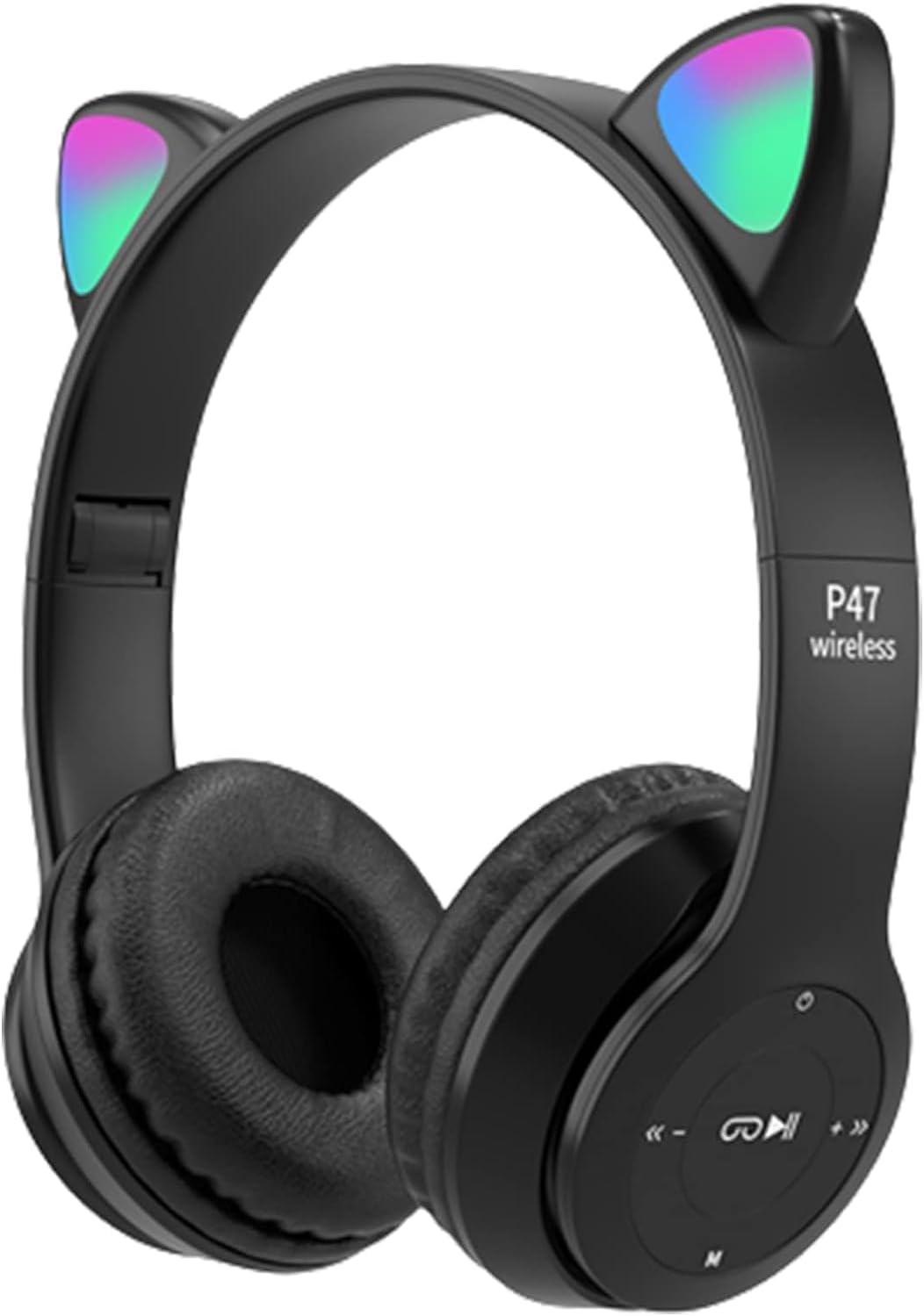 P47m Cat Wireless Bluetooth Stereo Headset, RGB Colorful LED Light, Built-in Microphone, Support Memory Card, for Gaming, Mobile, Kids, Girls, PC, Pink (Black)