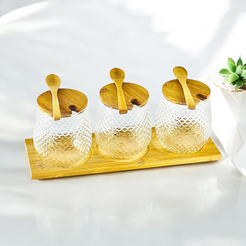 3-piece glass spice jar set with wooden base, 350ml