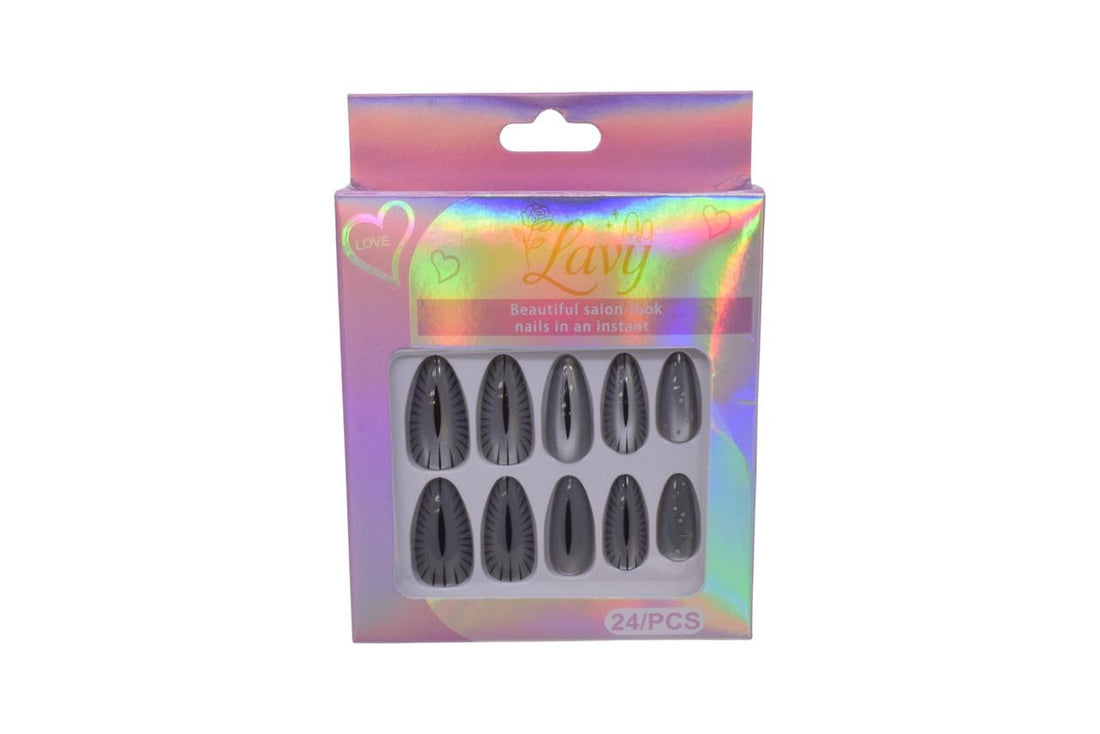Lavy Almond Shape with Mystical Designs Press-On Mink Nails 24-Piece Set - Grey Silver