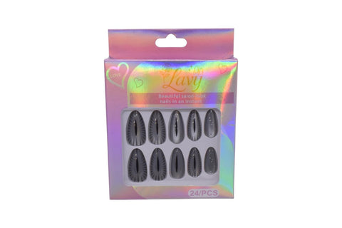 Lavy Almond Shape with Mystical Designs Press-On Mink Nails 24-Piece Set - Grey Silver