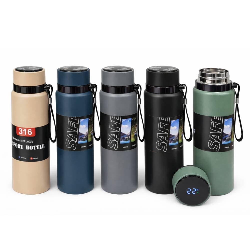OVA Stainless Steel Vacuum Insulated Water Bottle, Navy Blue Double Wall Thermal Flask with Carry Strap, Leak Resistant Reusable Drink Bottle for Hot & Cold Beverages, Travel, Gym, Office & Outdoor Us