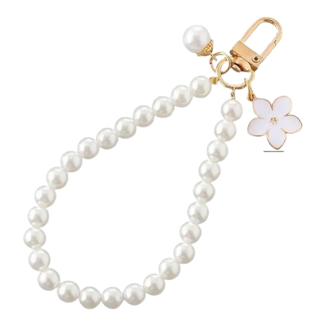Pearl Beaded Phone Charm with Pink Flower, Gold-Tone Hardware, Decorative Mobile Strap