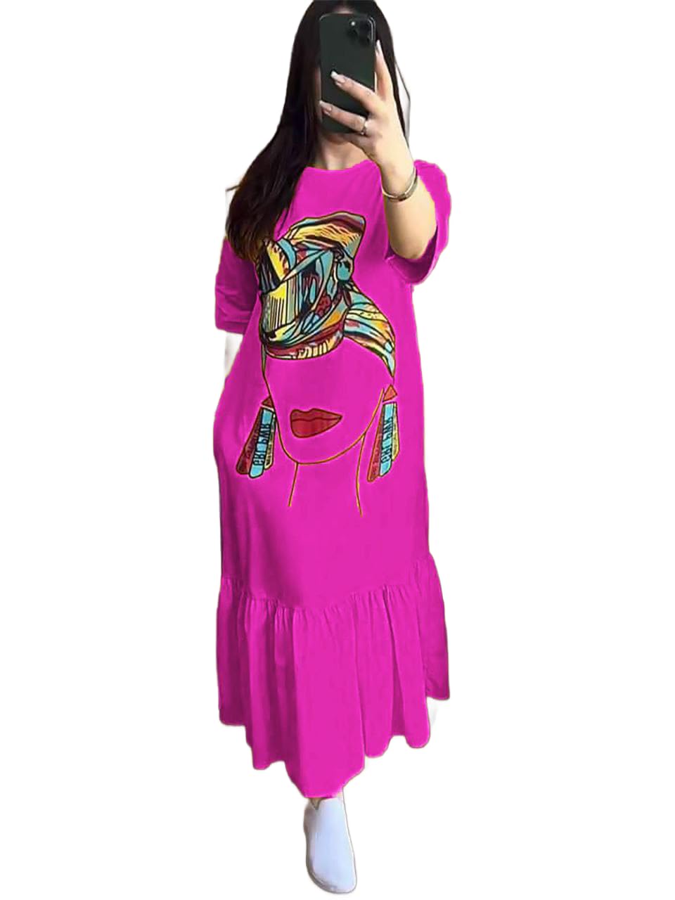 Women's Artistic Portrait Maxi Dress, Long Sleeve Cotton Blend, Available in size 60-90 kg