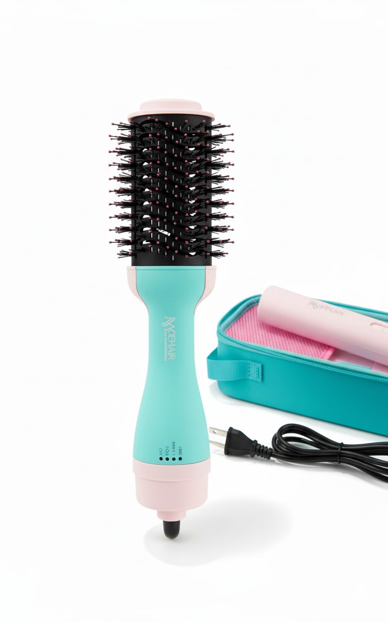 Professional Hot Air Hair Dryer Brush, 2400W Multi-Level Bristle Styler with Cool Air Function, Turquoise and Pink, Ergonomic Design for All Hair Types