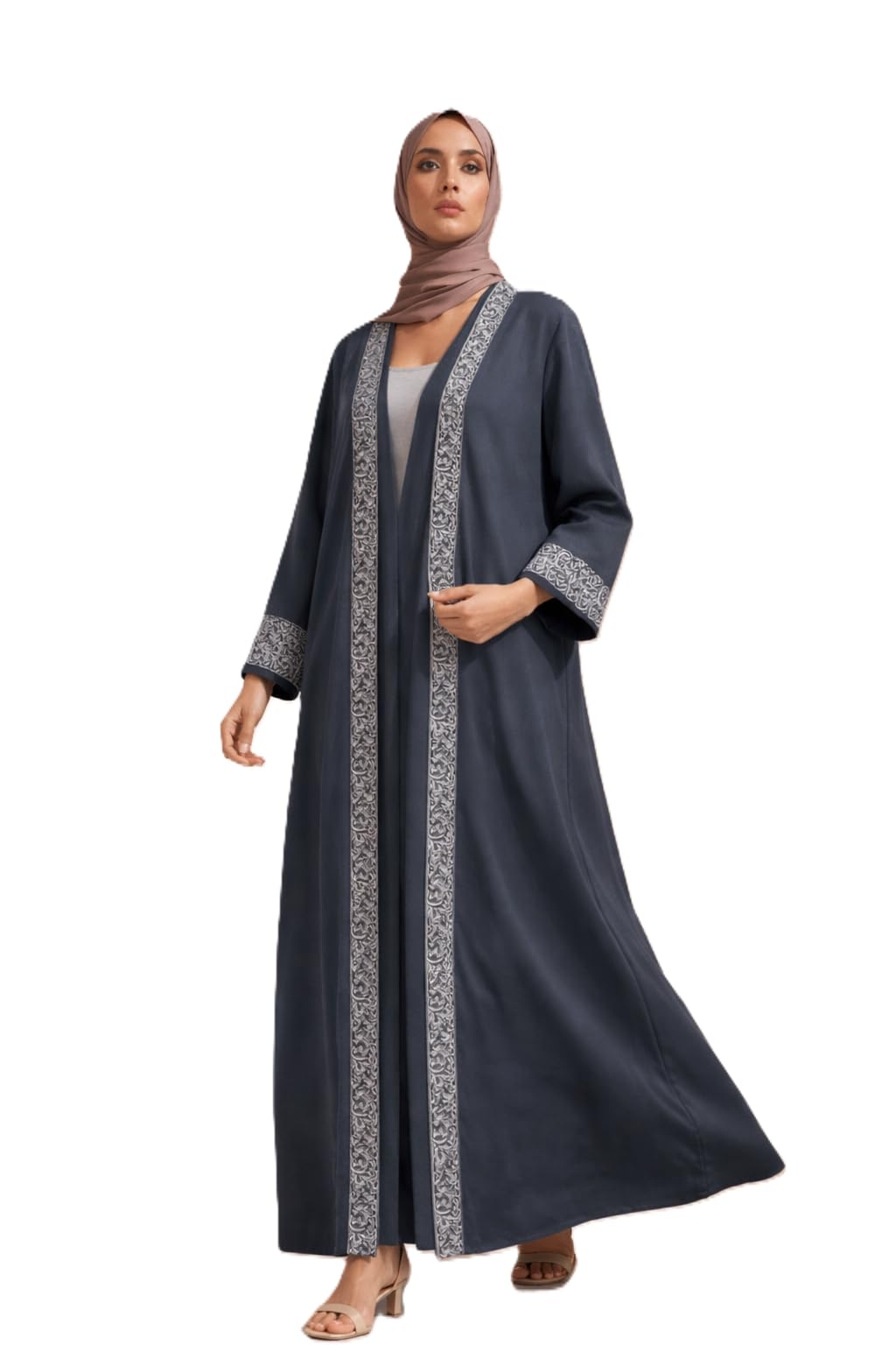 Women's Long Abaya with Luxurious Embroidery on Hem and Sleeves, Open Front Design, Loose and Comfortable Fit, Suitable for Formal Occasions and Daily Use
