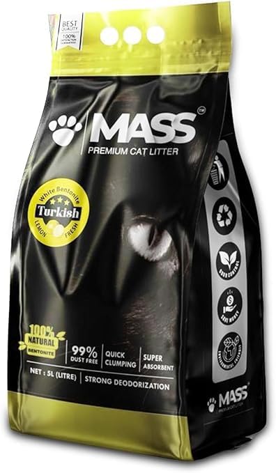 MASS Premium Cat Litter – White Bentonite, 100% Natural, 99% Dust Free, Quick Clumping, Super Absorbent (5L, Lemon)