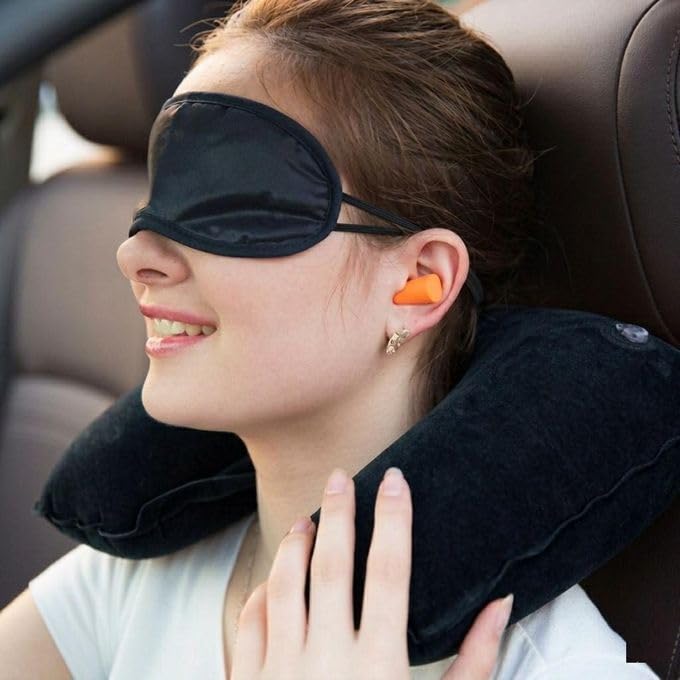 100% Pure Memory Foam Neck Pillow Airplane Travel Kit With Ultra Plush Velour Cover, Sleep Mask and Earplugs
