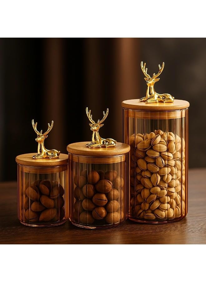 Storage Jars Set with Wooden Lids and Gold Deer Handles,Clear Glass, Ghazal Shape,3-Piece