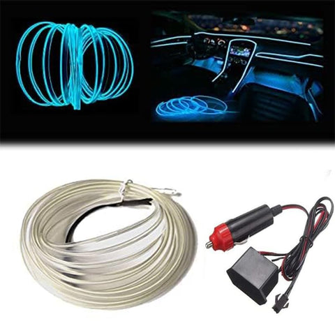 Wire Rope Interior Light for Car Decoration, Works on Car Lighter, LED Strip Car Dash Neon Lights with Edge for Car Interior Decoration - 3M - Ice Blue (Ice Blue) - KaberTrade