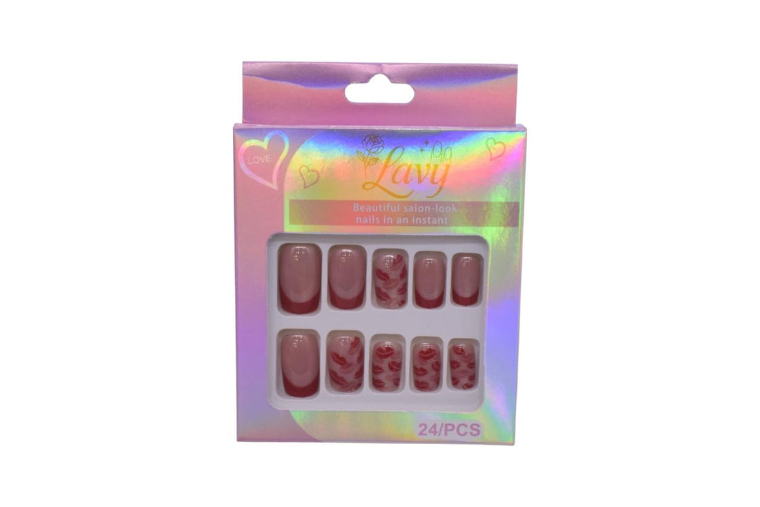 Lavy French Tip & Lip Print Design Press-On Mink Nails 24-Piece Set - Rose Red