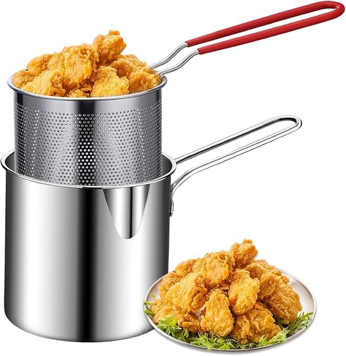 DOZERA Deep Oil Frying Pot with Strainer Basket, Stainless Steel Pan with Handle Household Cooking Tools for Frying French Fries, Shrimp, Pasta (1200ml)
