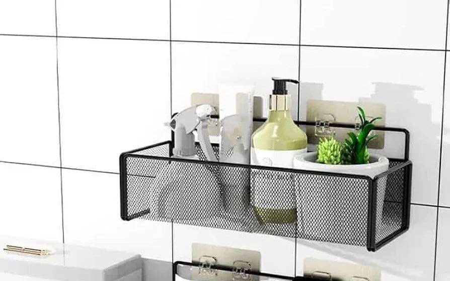 Metal Wire Wall Mounted Bathroom Organiser Shelf, Black Mesh Storage Holder for Shampoo and Shower Accessories, Kitchen and Bathroom, .Ar