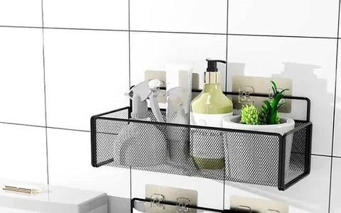 Metal Wire Wall Mounted Bathroom Organiser Shelf, Black Mesh Storage Holder for Shampoo and Shower Accessories, Kitchen and Bathroom, .Ar