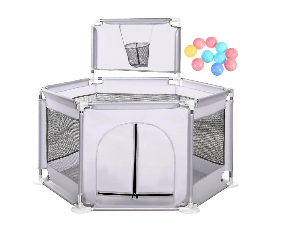 Fantastic-Kids-Toys (GREY) Foldable Baby Playpen with Basketball Hoop, Floor-Mounted Activity Center, Safety Protection for Babies and Babies While Playing, Code 129 (128cm x 66.5cm x 70cm)