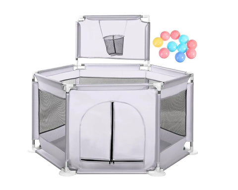 Fantastic-Kids-Toys (GREY) Foldable Baby Playpen with Basketball Hoop, Floor-Mounted Activity Center, Safety Protection for Babies and Babies While Playing, Code 129 (128cm x 66.5cm x 70cm)