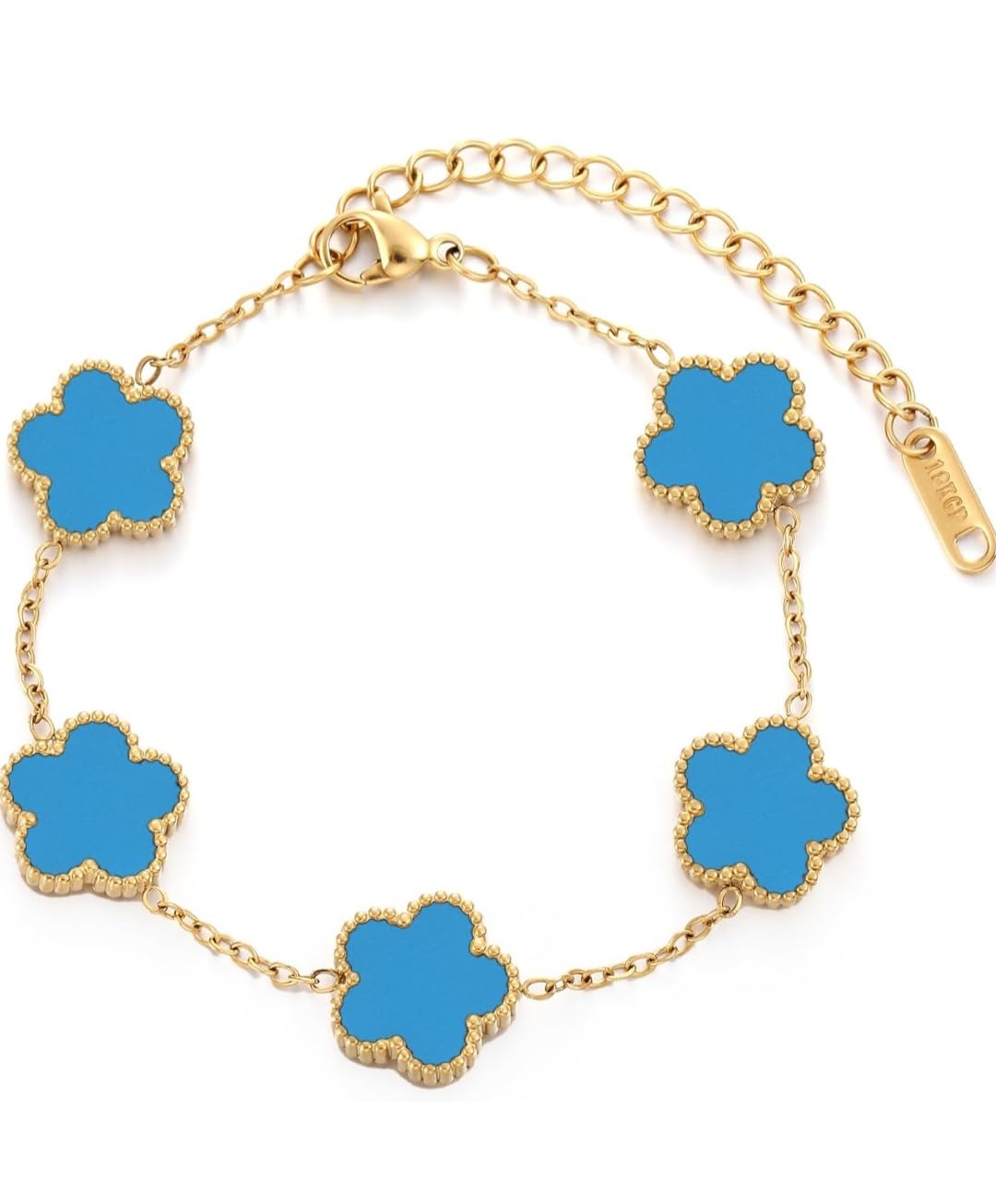 TECVSS 18K Gold Plated Stainless Steel Bracelet for Women Lucky Bracelet Four-Leaf Link Bracelet Jewelry Gift for Women Blue